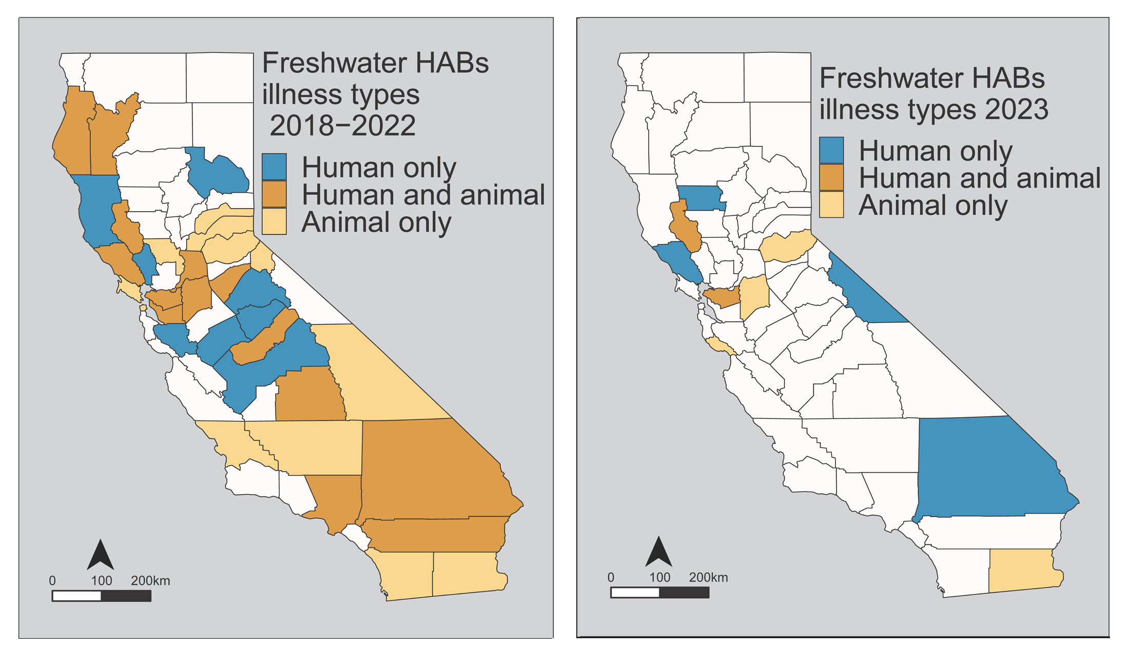 California map of HAB-related Illnesses from 2018 through 2022