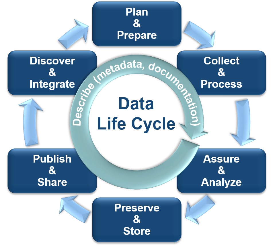 Data life cycle: The data life cycle consists of seven main phases: (1) Plan and Prepare, (2) Collect and Process, (3) Assure and Analyze, (4) Preserve and Store, (5) Publish and Share, (6) Discover and Integrate, (7) Describe.